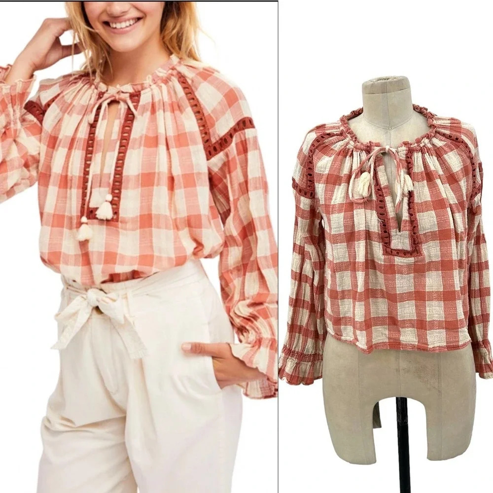 Free People Honey Grove Top Pink Cream Plaid Check Size XS